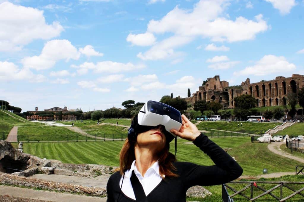 tourist in rome with an augmented reality headset